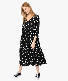 GEMO Robe femme longue à motifs pois et manches 34 Imprimé