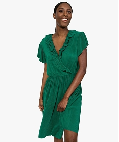 GEMO Robe femme plissée avec col cache-cœur Vert