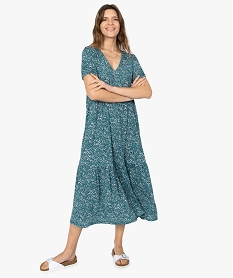 GEMO Robe longue femme à motifs fleuris et manches courtes ballon Vert