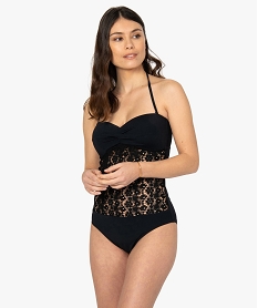 maillot de bain femme une piece avec empiecement dentelle noirB639201_1