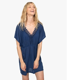 GEMO Robe de plage femme avec col V et broderies Bleu