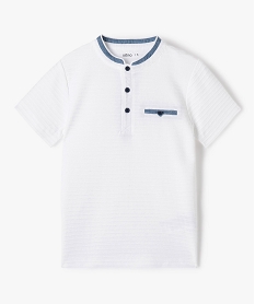 GEMO Tee-shirt garçon à col mao en maille texturée effet rayé Blanc
