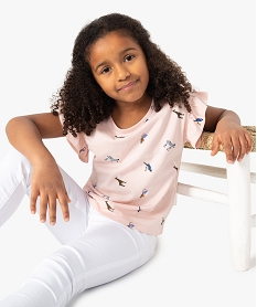 GEMO Tee-shirt court fille imprimé avec manches courtes volantées Rose