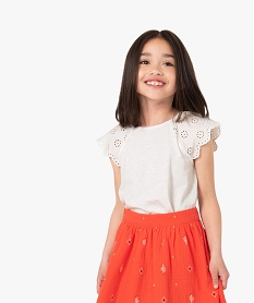 GEMO Tee-shirt fille avec épaules en broderie anglaise et bas à nouer blanc standard