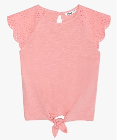 GEMO Tee-shirt fille avec épaules en broderie anglaise et bas à nouer rose chine