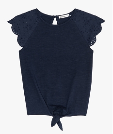 GEMO Tee-shirt fille avec épaules en broderie anglaise et bas à nouer noir chine