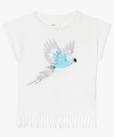 GEMO Tee-shirt fille avec motif pailleté et finitions franges blanc vif