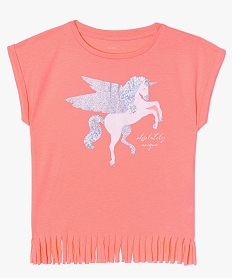 GEMO Tee-shirt fille avec motif pailleté et finitions franges rose vif