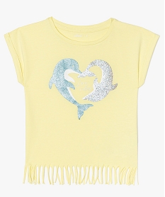 GEMO Tee-shirt fille avec motif pailleté et finitions franges Jaune