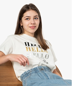 tee-shirt fille court avec message scintillant beigeB713601_1