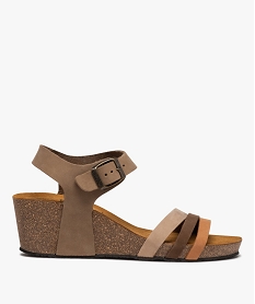 GEMO Sandales femme à talon en liège et brides en cuir marron fonce
