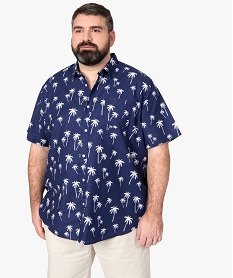 chemise homme grande taille en lin a motifs palmiers bleu chemise manches courtesB744201_1