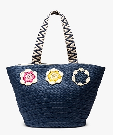 GEMO Sac de plage femme en paille avec fleurs brodées Bleu