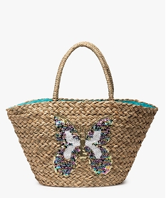 GEMO Sac de plage femme en paille avec motif papillon en sequins Beige