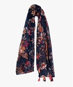 foulard femme fleuri avec petits pompons bleuB759801_1