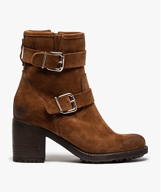 GEMO Boots femme à talon dessus cuir et brides à boucle marron standard