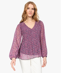 GEMO Blouse femme en voile plissé à motifs à manches longues Imprimé