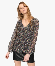 GEMO Blouse femme en voile plissé à motifs à manches longues Imprimé