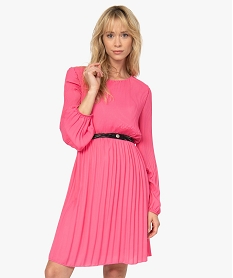 GEMO Robe de soirée femme en matière crêpe plissée avec manches longues Rose