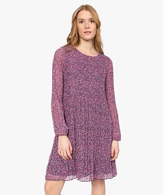 GEMO Robe femme en voile plissé à manches longues Imprimé