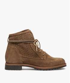 GEMO Bottines femme à talon plat et lacets dessus cuir perforé marron fonce