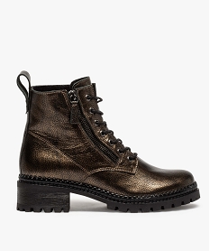 GEMO Bottines femme crantées à lacets et dessus cuir métallisé Brun