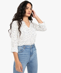 GEMO Blouse femme fluide à motifs et col v à boutons Beige