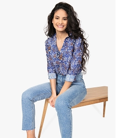 GEMO Blouse femme fluide à motifs et col v à boutons bleu standard