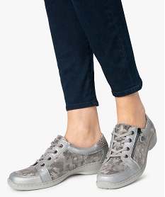 GEMO Derbies femme confort à lacets et zip dessus cuir Gris