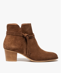 GEMO Boots femme à talon dessus en cuir velours perforé marron vif