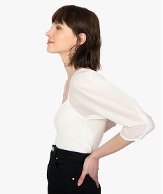 GEMO Tee-shirt femme bi-matières à manches longues Blanc