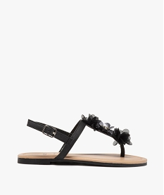 GEMO Sandales fille à entre-doigts orné de fleurs en tissu noir vif