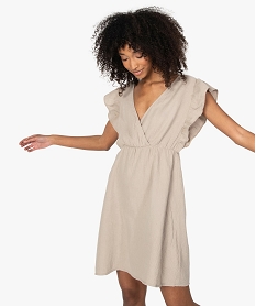 GEMO Robe femme haut cache-cour et volants aux emmanchures Beige