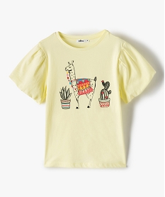 GEMO Tee-shirt fille court à manches froncées avec motif poitrine Jaune