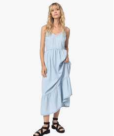 GEMO Robe femme longue à fines bretelles et volant dans le bas Bleu