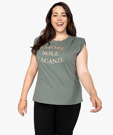 tee-shirt femme grande taille a epaulettes avec message paillete vertB826001_1