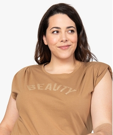 tee-shirt femme grande taille a epaulettes avec message paillete orangeB826101_2