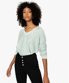 GEMO Pull femme col V en maille ultra douce Vert