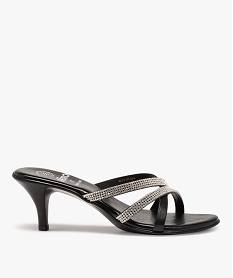 GEMO Mules femme à talon et fines brides strass Noir