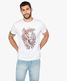 GEMO Tee-shirt homme à manches courtes imprimé tête de mort fleurie Blanc
