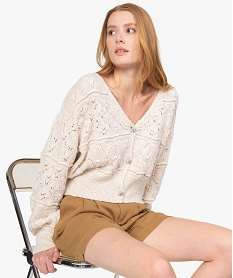 GEMO Gilet femme court en maille fantaisie et boutons strass Beige