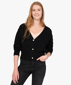 GEMO Gilet femme court en maille fantaisie et boutons strass Noir