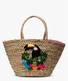 GEMO Sac de plage femme en paille avec motif toucan Beige