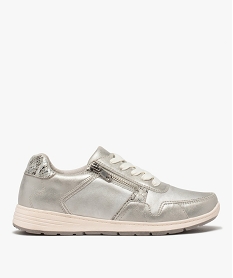 GEMO Baskets femme confort dessus métallisé fermeture lacets et zip argente