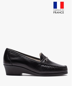 GEMO Mocassins femme confort dessus en cuir uni et à talon épais noir standard
