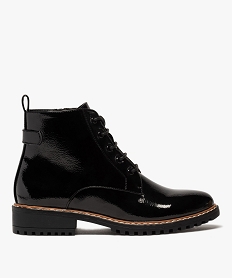 GEMO Boots femme à talon plat dessus uni et verni noir vif