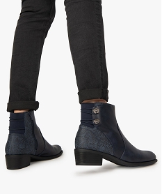 GEMO Boots femme à talon large ornés de motifs végétaux Bleu