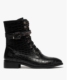 GEMO Boots femme unis à talon plat imitation croco style rock Noir