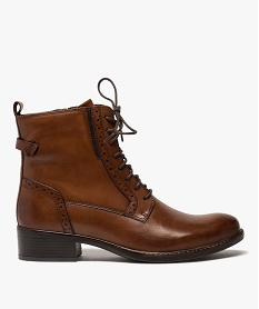 GEMO Boots femme à talon plat style derbies à lacets et zip Brun