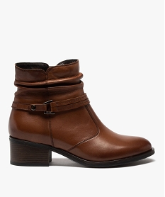 GEMO Boots femme à talon large et tige plissée en cuir Brun